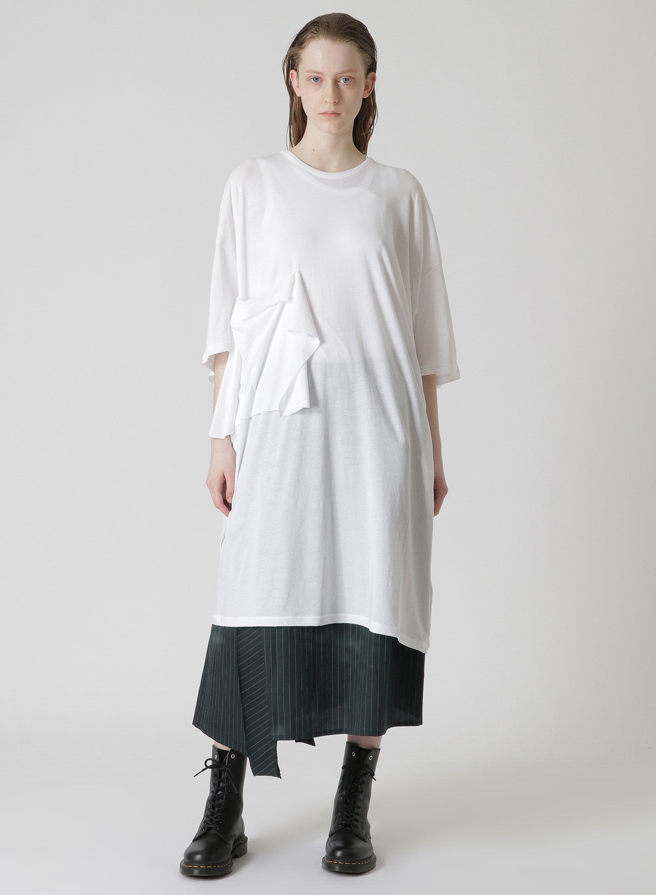 LINEN/COTTON PIN-STRIPED UNEVENLY DYED FLARED SKIRT