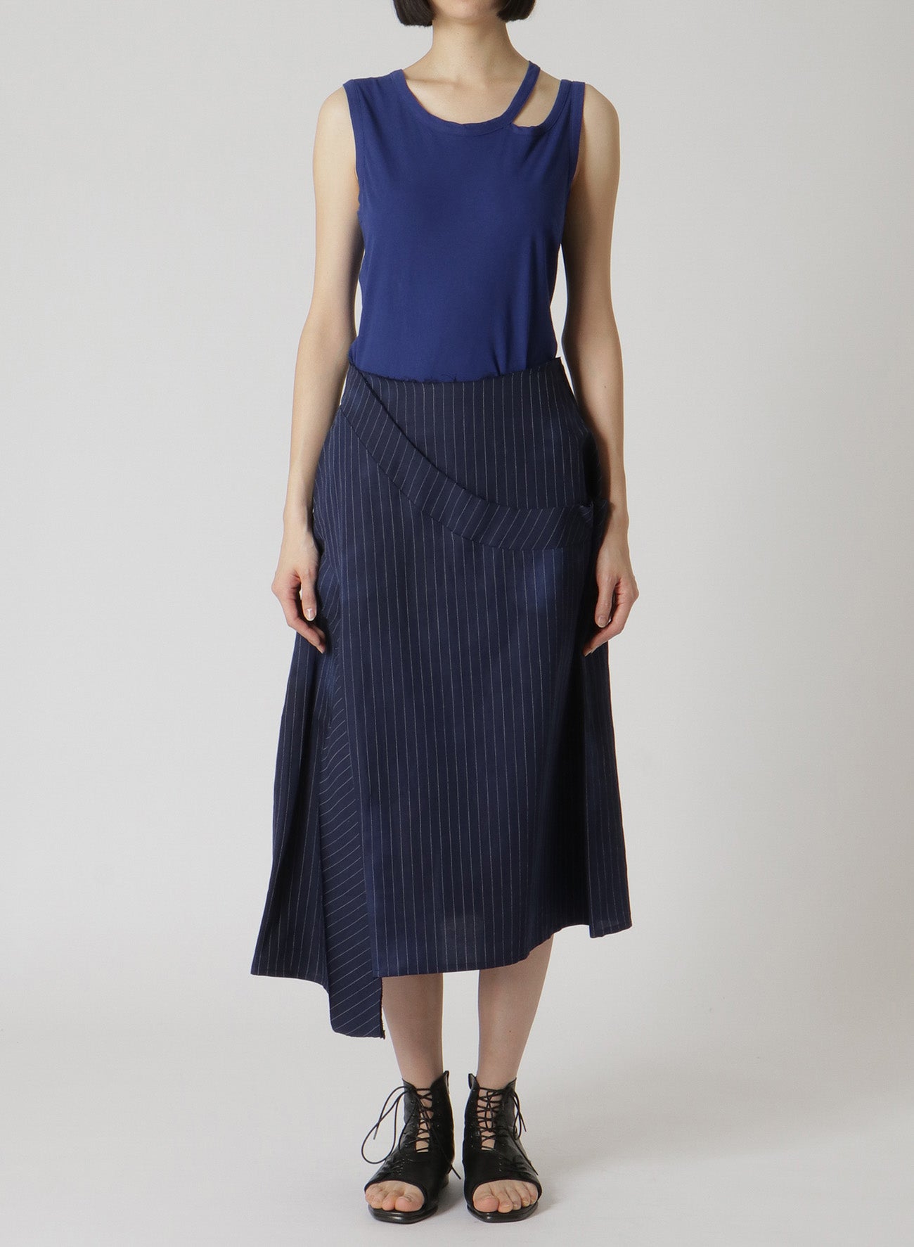 LINEN/COTTON PIN-STRIPED UNEVENLY DYED FLARED SKIRT