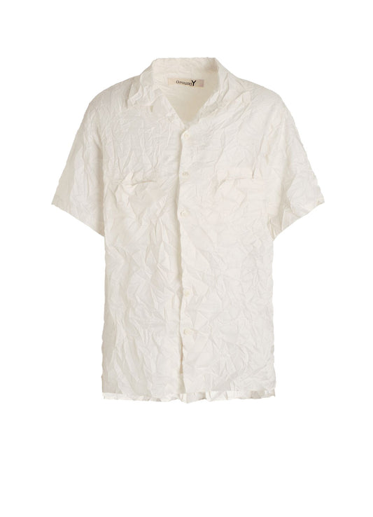 POLYESTER TAFFETA SIDE-GATHER OPEN-COLLAR SHIRT