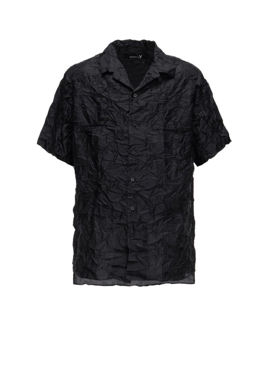 POLYESTER TAFFETA SIDE-GATHER OPEN-COLLAR SHIRT