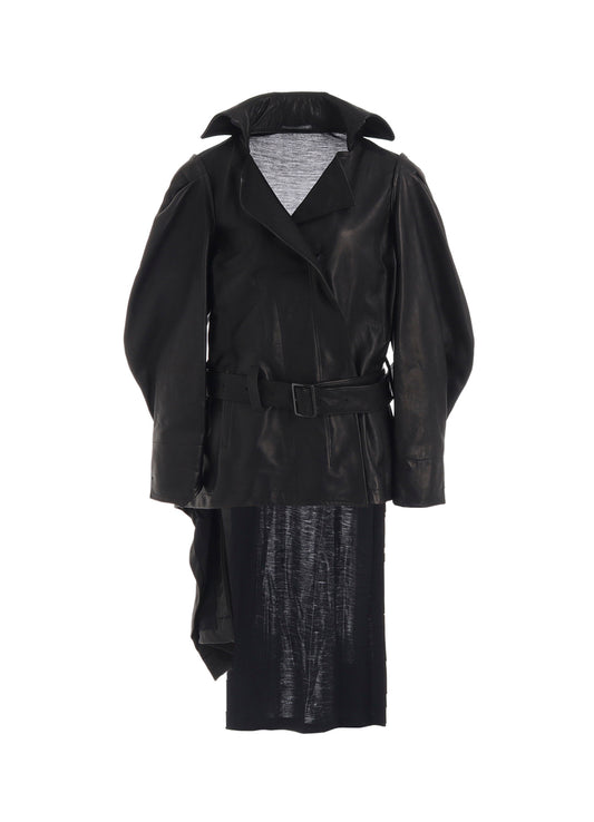 HORSE LEATHER TUCKED SLV BELTED JACKET