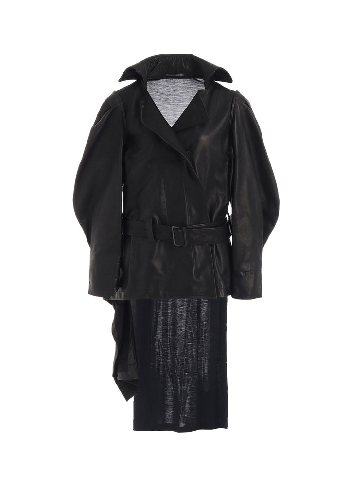 HORSE LEATHER TUCKED SLV BELTED JACKET