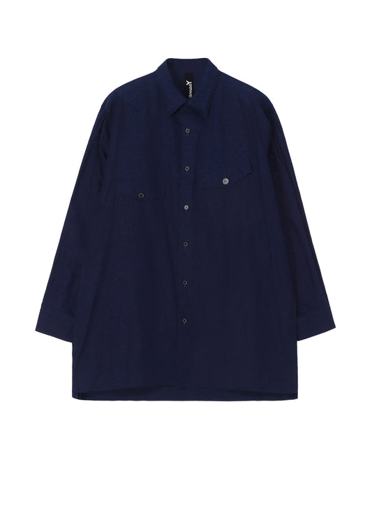 INDIGO DYED COTTON LINEN SHEETING DOUBLE COLLAR SLANTED POCKET SHIRT