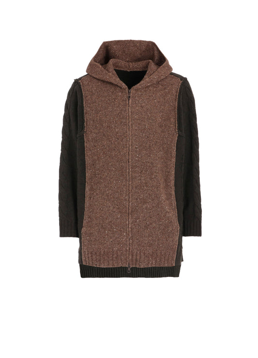 FINE MERINO WOOL CABLE SWITCH UNBALANCE HOODIE