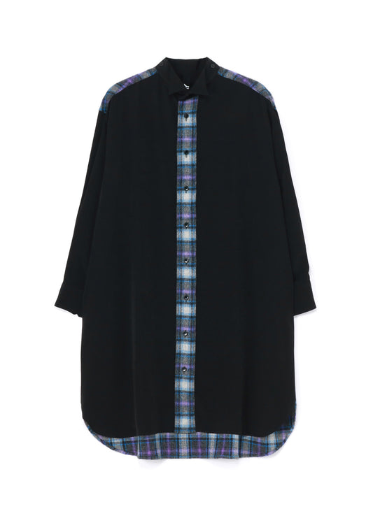 DE CHINE+CHECKED SHAGGY WOOL SPARE WING COLLAR SHIRT