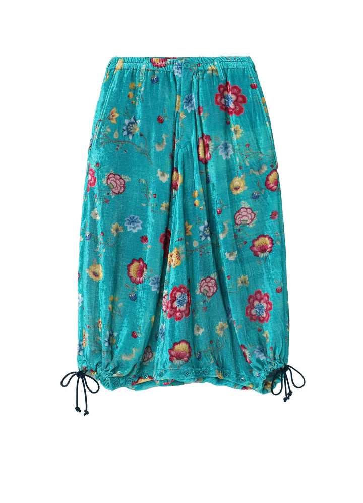 RAYON VELVET PRINT CHINESE FLOWER INSEAM BUTTON SAROUEL PANTS 