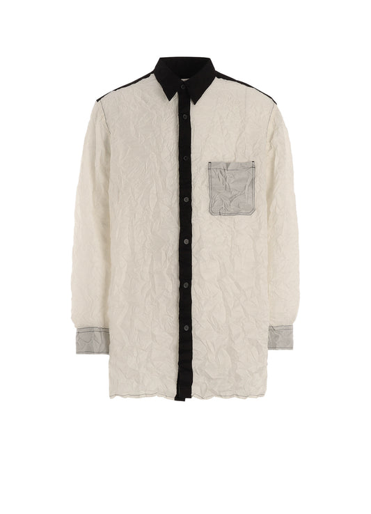 CRUSHED FABRIC LONG SLEEVE SHIRT-BLACK × WHITE