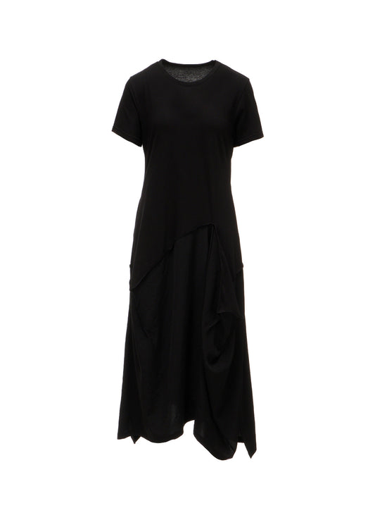 SILICON JERSEY+CREPE de CHINE PANEL LONG DRESS SHORT SLEEVE