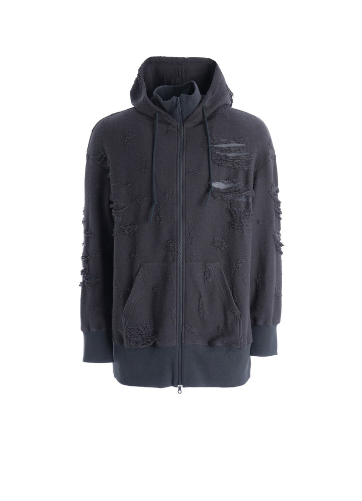 DAMAGE JACQUARD FRENCH TERRY NECK RIB CUT-OFF SEAM HOODIE