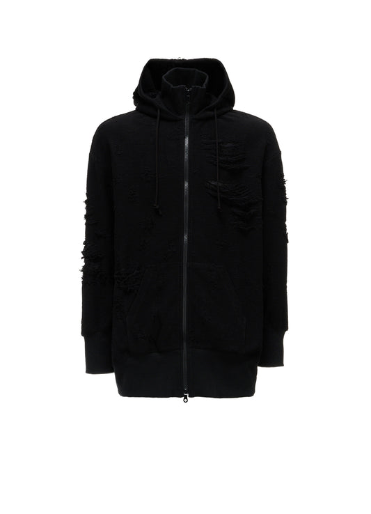 DAMAGE JACQUARD FRENCH TERRY NECK RIB CUT-OFF SEAM HOODIE