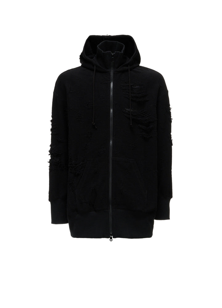 DAMAGE JACQUARD FRENCH TERRY NECK RIB CUT-OFF SEAM HOODIE