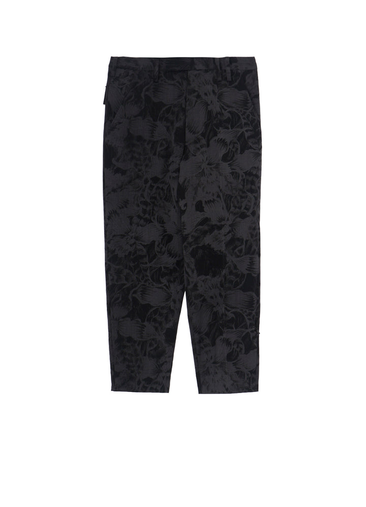 WOOL GABARDINE FLORAL DISCHARGE-DYED LEFT ZIPPER PANTS
