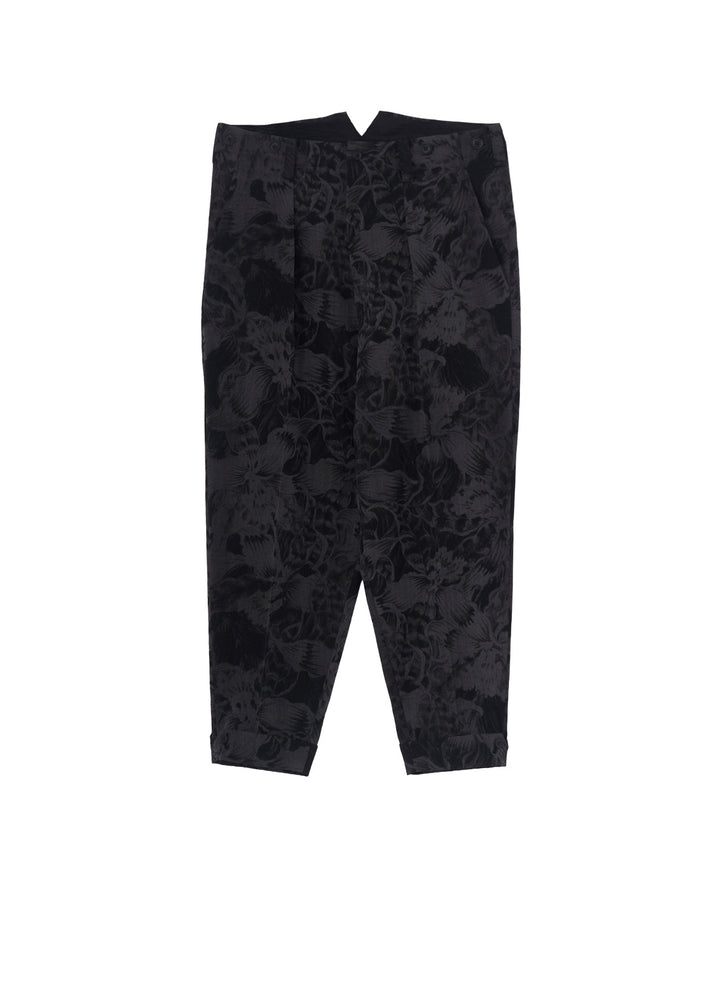 WOOL GABARDINE FLORAL DISCHARGE-DYED SUSPENDERS PANTS