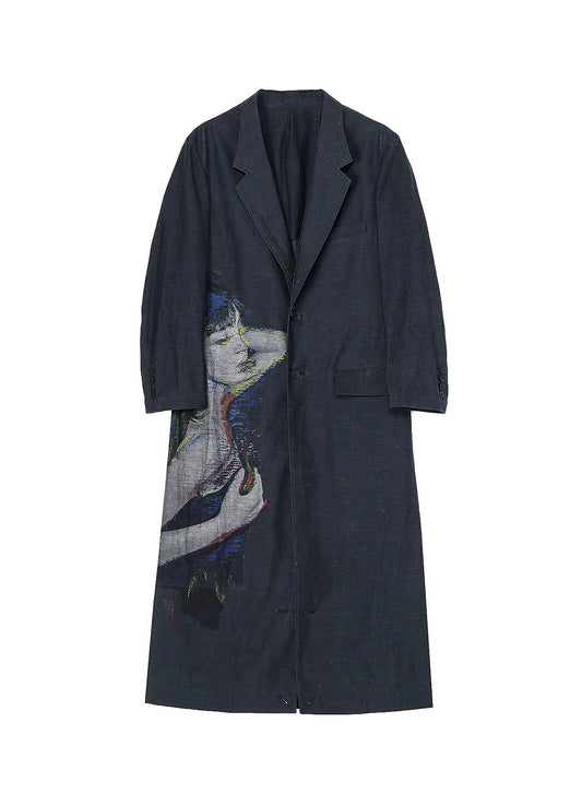 WOMEN PRINTED DENIM LONG COAT