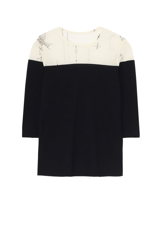 TATTOO PRINT+SINGLE JERSEY PANEL 3/4 SLEEVE TEE