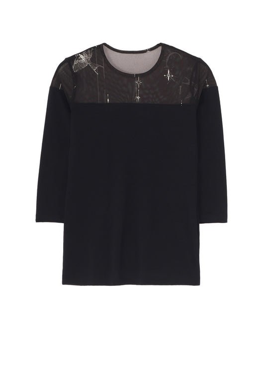 TATTOO PRINT+SINGLE JERSEY PANEL 3/4 SLEEVE TEE