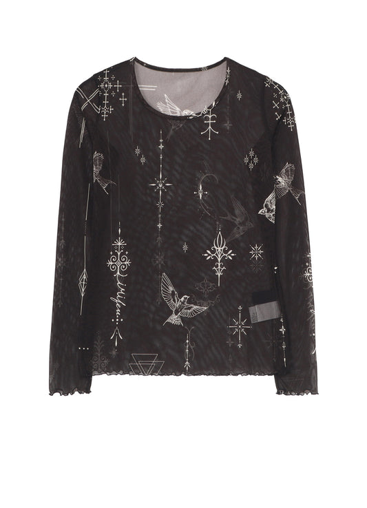 TATTOO PRINTED TULLE TIGHT LONG SLEEVE T