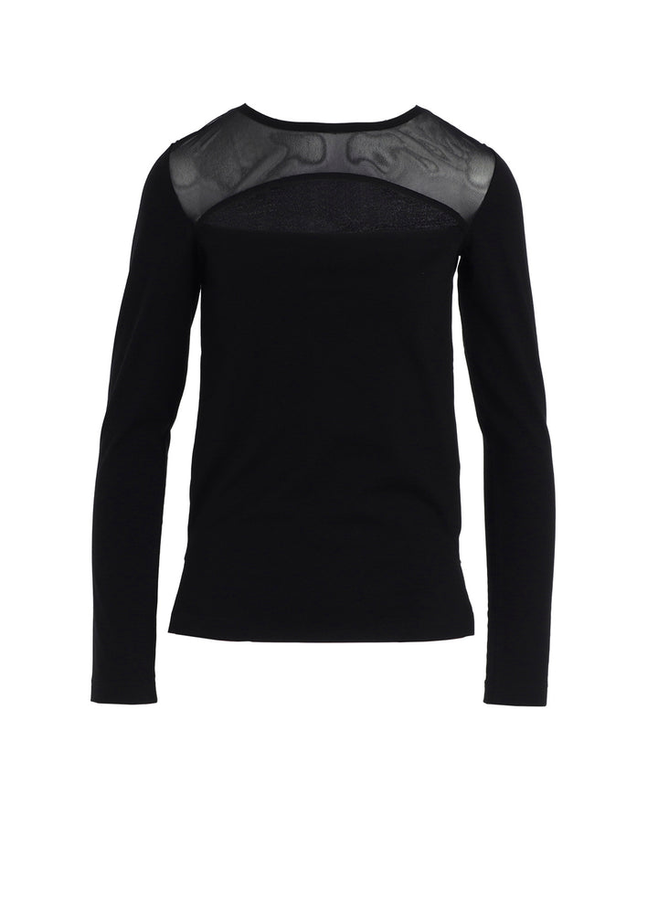PLAIN STITCH +TULLE SLIT CHEST LONG SLEEVE T-SHIRT
