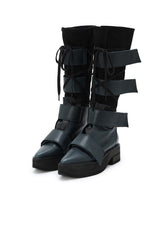 MATTE LEATHER+10-OUNCE DENIM 2-WAY BELTED LACE-UP ANKLE BOOTS