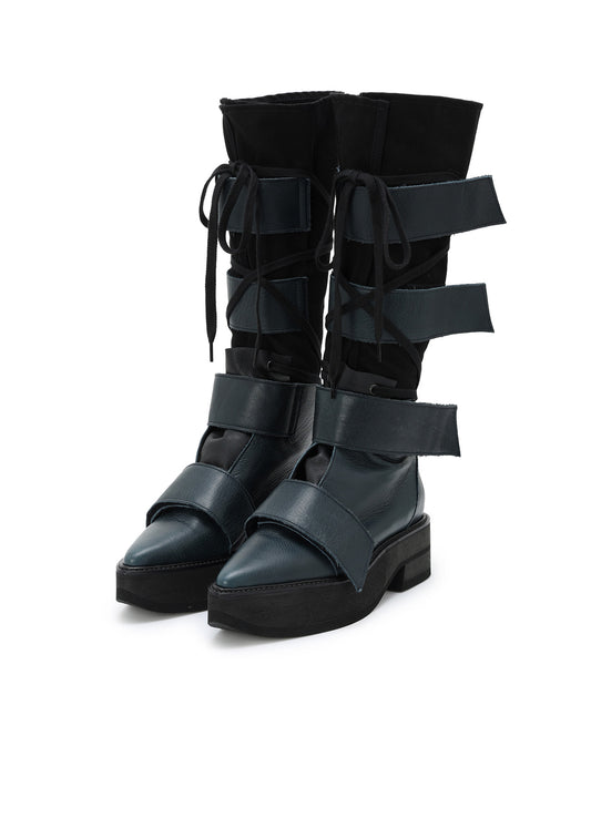 MATTE LEATHER+10-OUNCE DENIM 2-WAY BELTED LACE-UP ANKLE BOOTS