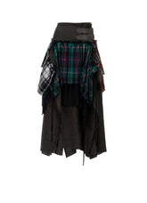 SERGE+PLAID PLEATED DETAIL SKIRT