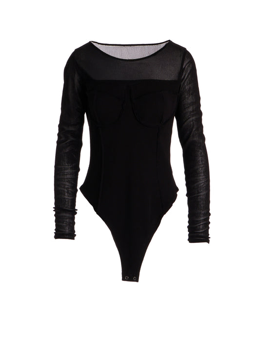 RIB KNIT+TULLE BUSTIER BODYSUIT