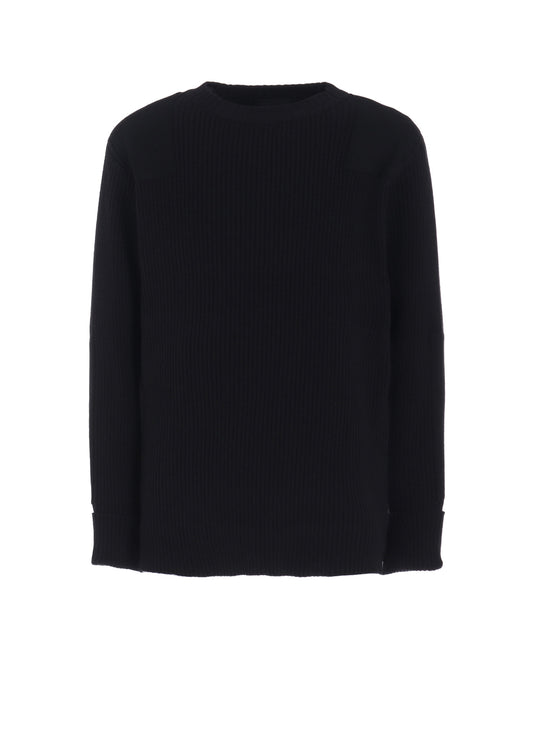 7G WOOL COTTON RIB PULLOVER WITH FLANNEL SHOULDER AND ELBOW PATCHES