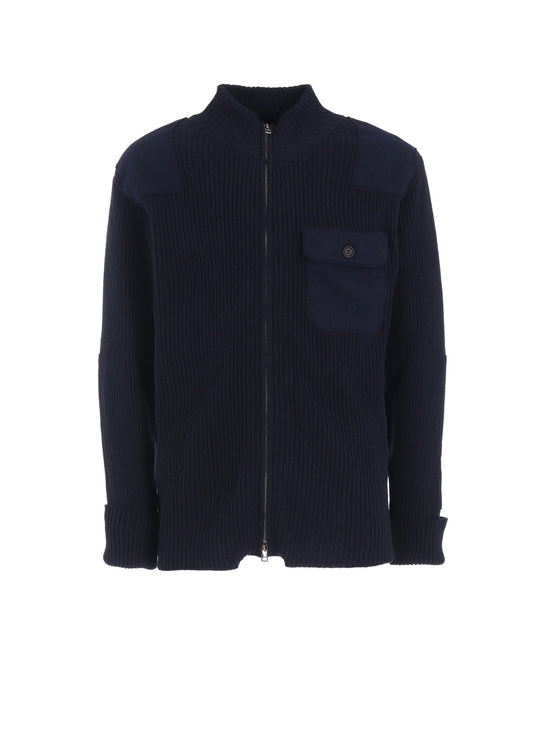 7G WOOL COTTON RIB ZIP-UP  WITH FLANNEL SHOULDER AND ELBOW PATCHES