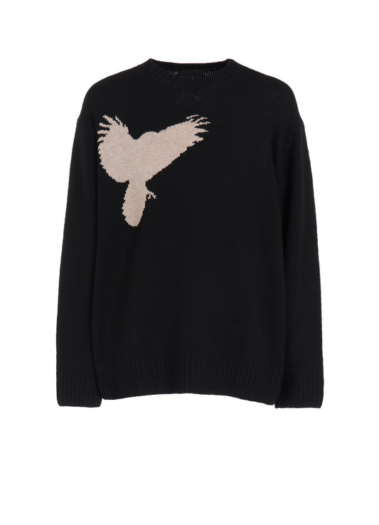 7G WOOL-BLEND INTARSIA CROW-PATTERN PULLOVER