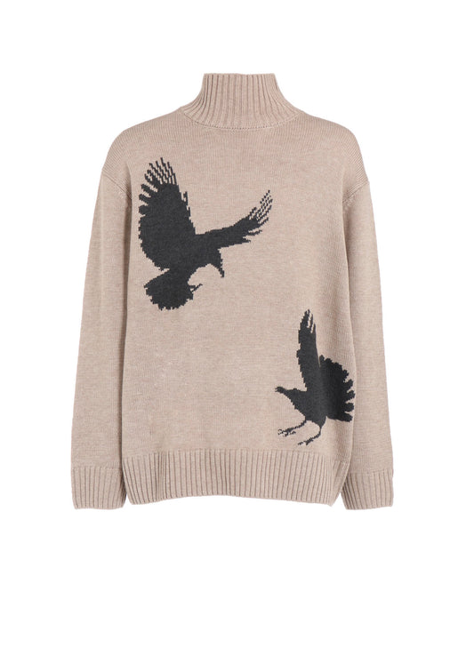 7G WOOL-BLEND INTARSIA CROW-PATTERN HIGH NECK KNIT