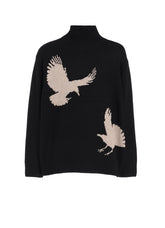 7G WOOL-BLEND INTARSIA CROW-PATTERN HIGH NECK KNIT