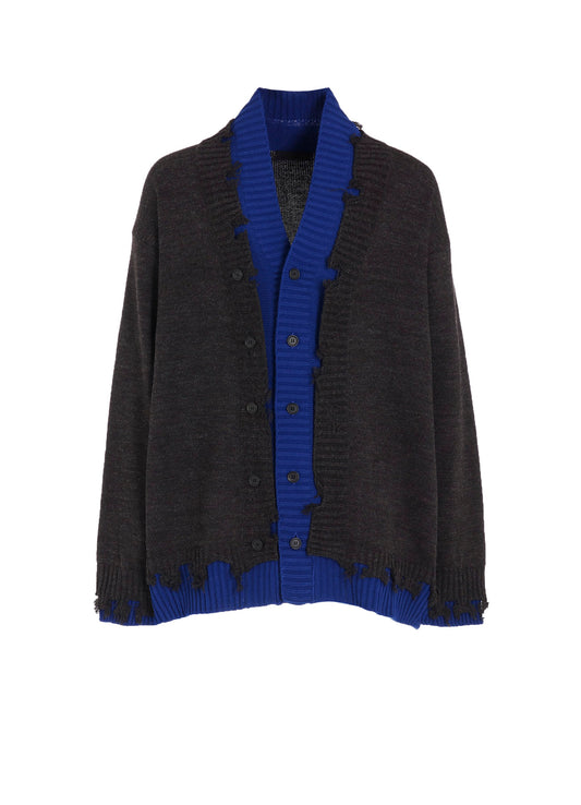 CORPILON BULKY WOOL COLOR-BLOCKED DAMAGE CARDIGAN