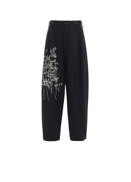 LAMB WOOL PRINTED MESSEGE EMBROIDERY 2 TUCK SUSPENDER PANTS