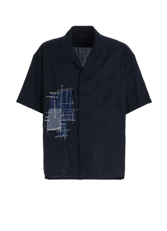 ORGANIC COTTON WASHER HALF SHIRT WITH  SASHIKO EMBROIDERY