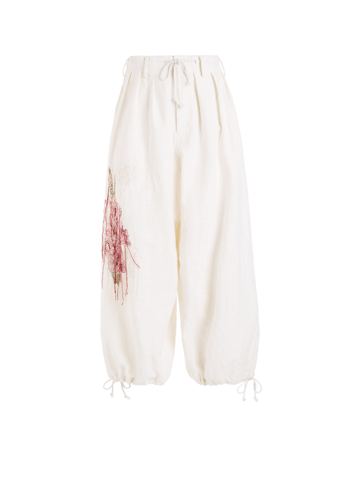 COTTON/LINEN FLOWER EMBROIDERY BALLOON PANTS