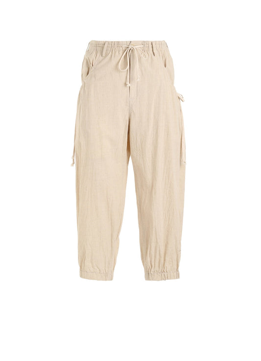 Cotton-Linen Poplin GATHERED POCKET ELASTIC HEM PANTS