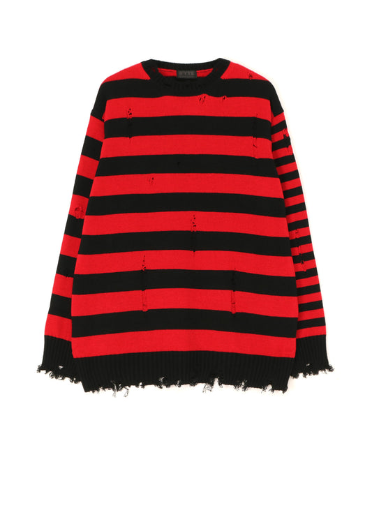 STRIPED PULLOVER KNIT WITH DAMAGED EDGES