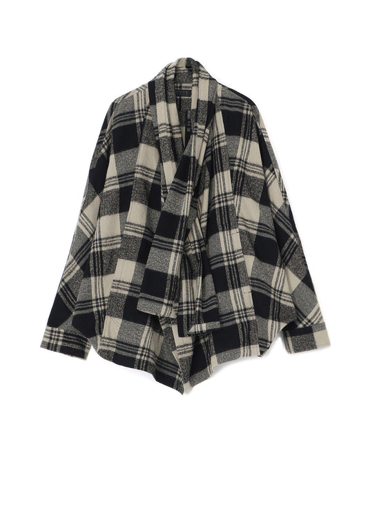 SHRUNKEN CHECK TWILL DOLMAN SLEEVE CARDIGAN WITH STOLE COLLAR