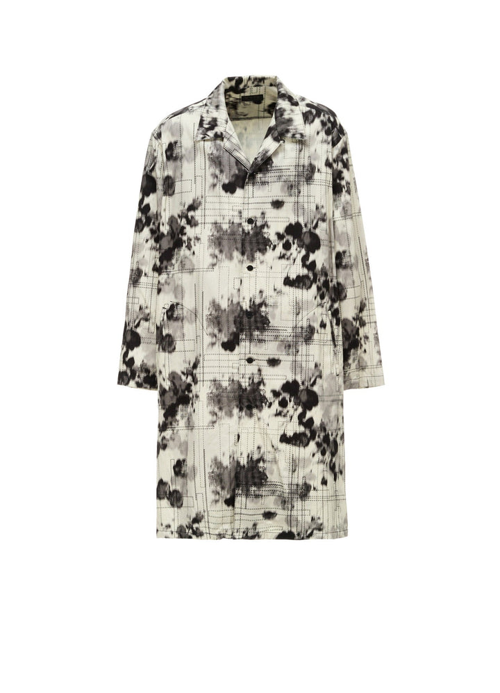 INK-WASH PRINTED LONG SHIRT WITH DECORATIVE STITCH DETAILING