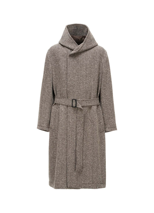 WOOL BLEND ROVING NEP HERRINGBONE HOODED COAT