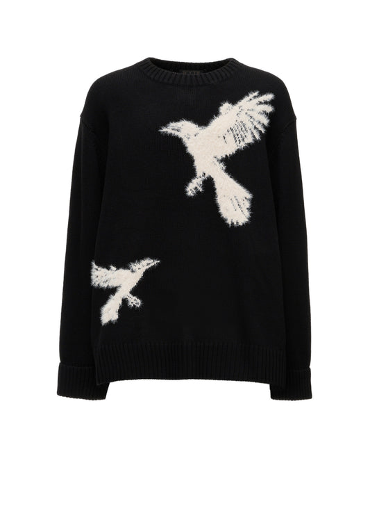 FLOCKED CROW MOTIF KNIT PULLOVER