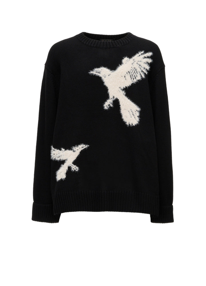 FLOCKED CROW MOTIF KNIT PULLOVER