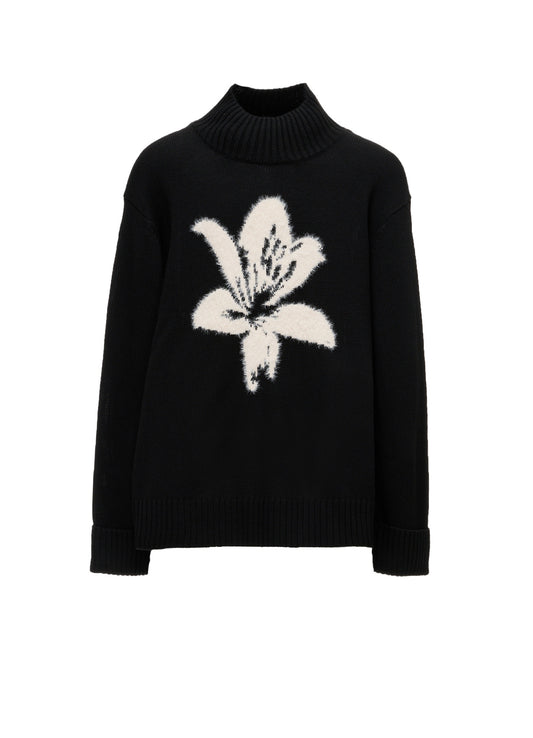 FLOCKED LILY MOTIF KNIT TURTLE NECK PULLOVER