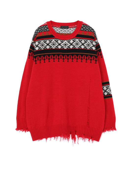 BULKY WOOL NORDIC PATTERN DAMAGED ROUND NECK KNIT