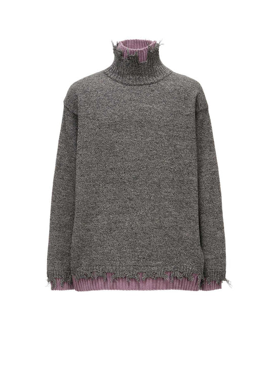 BULKY WOOL BLEND DAMAGED DETAIL TURTLE NECK PULLOVER