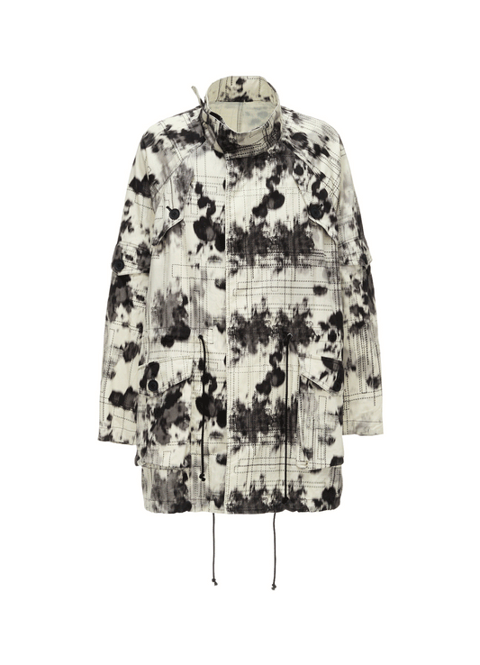INK-WASH PRINTED RAGLAN STAND COLLAR UTILITY BLOUSON WITH DECORATIVE STITCH DETAILING