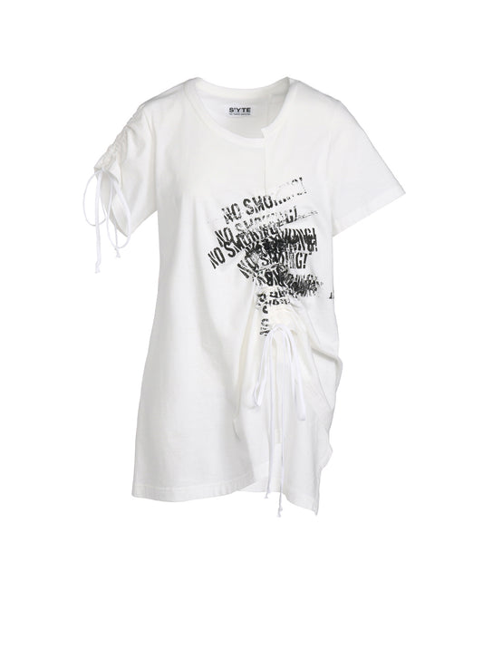 PIGMENT PRINT "NO SMOKING" STRINGS GATHERED T-SHIRT