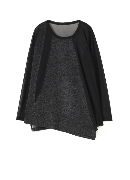 POLYESTER TULLE x WOOL NEEDLE PUNCH HEM FLARE LONG SLEEVE T-SHIRT