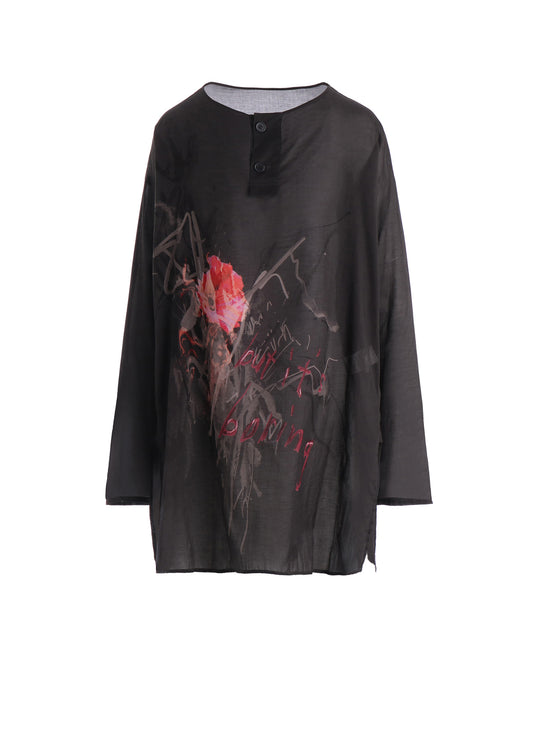 COTTON LAWN "BUT IT'S BORING" PRINT HENLEY NECK BLOUSE