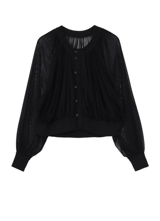 POLYESTER TULLE GATHER SHORT CARDIGAN